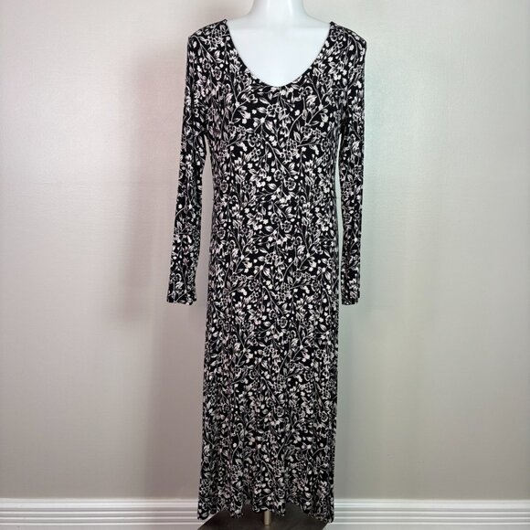 Old Navy Dresses & Skirts - Old Navy Midi Dress Medium Black Cream Floral Long Sleeves Stretch